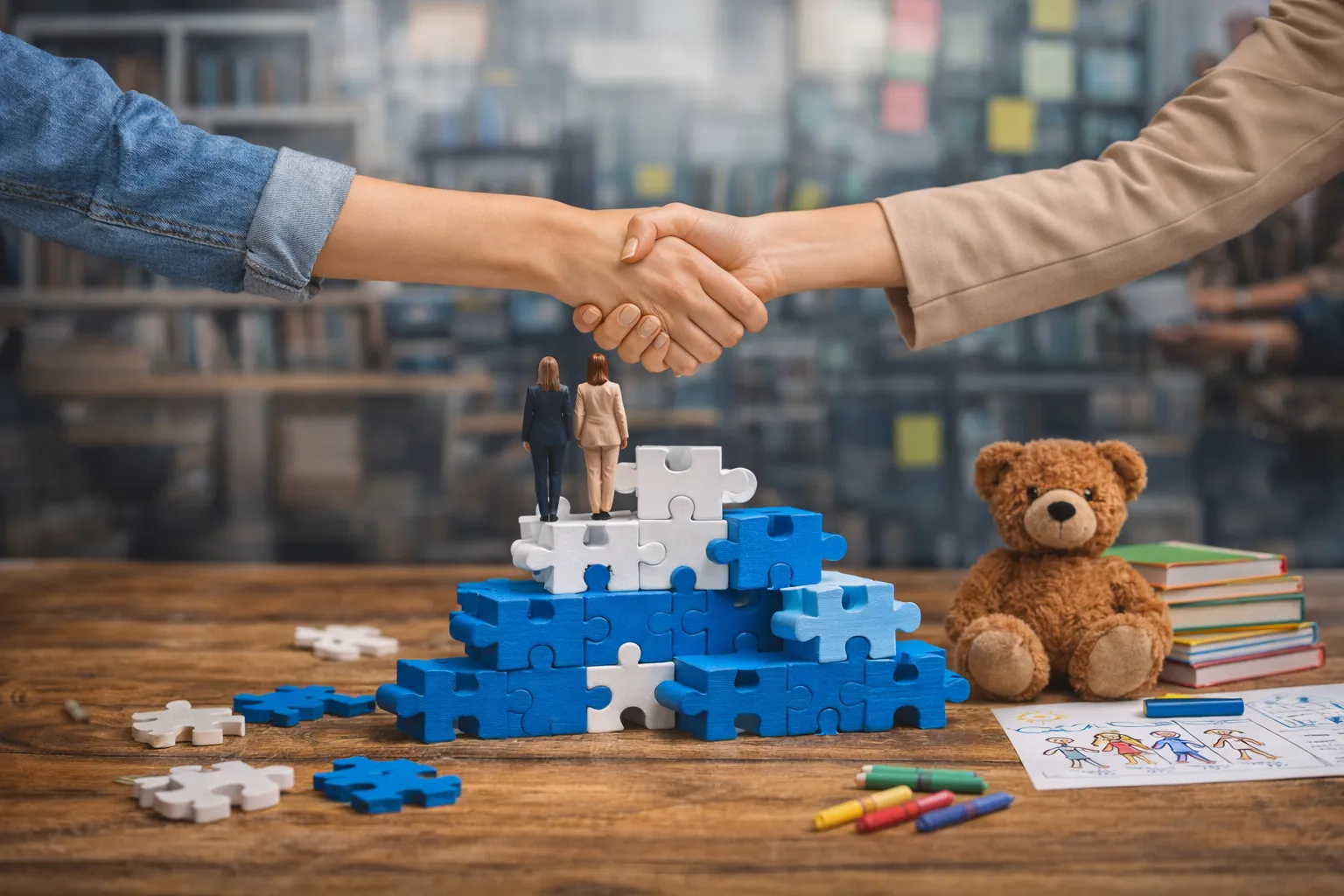 Handschlag über einem Turm aus Puzzleteilen, daneben ein Teddybär und eine Kinderzeichnung
